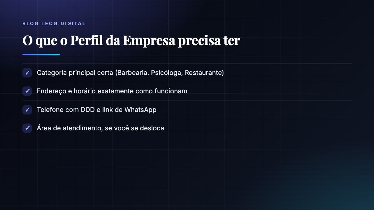 Diagrama com os quatro campos que o Perfil da Empresa no Google precisa ter