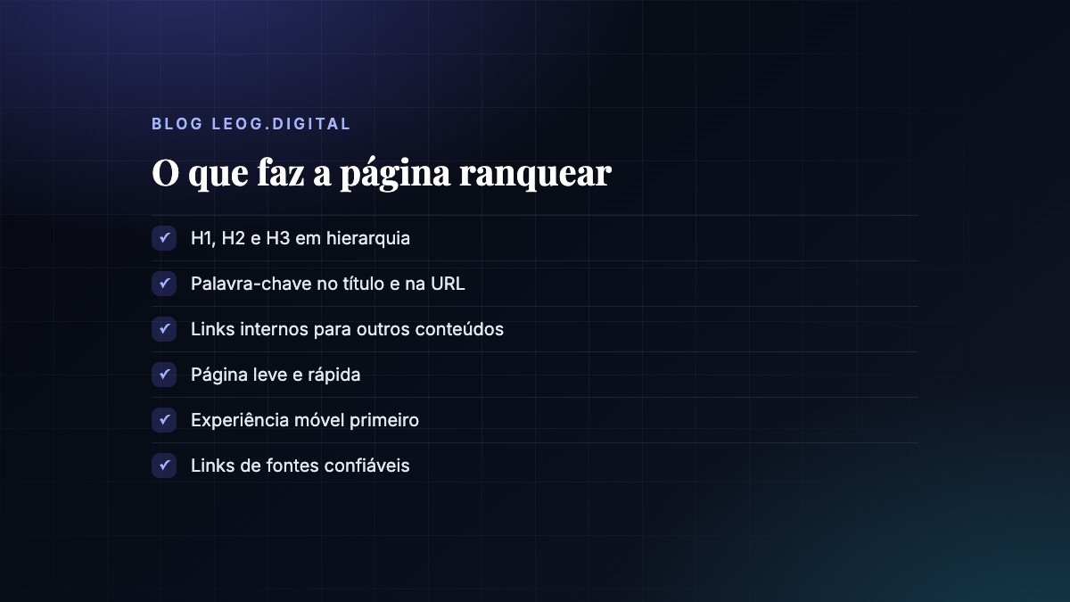 Lista de verificações de SEO técnico: hierarquia de títulos, palavra-chave, links internos, velocidade, mobile e fontes confiáveis