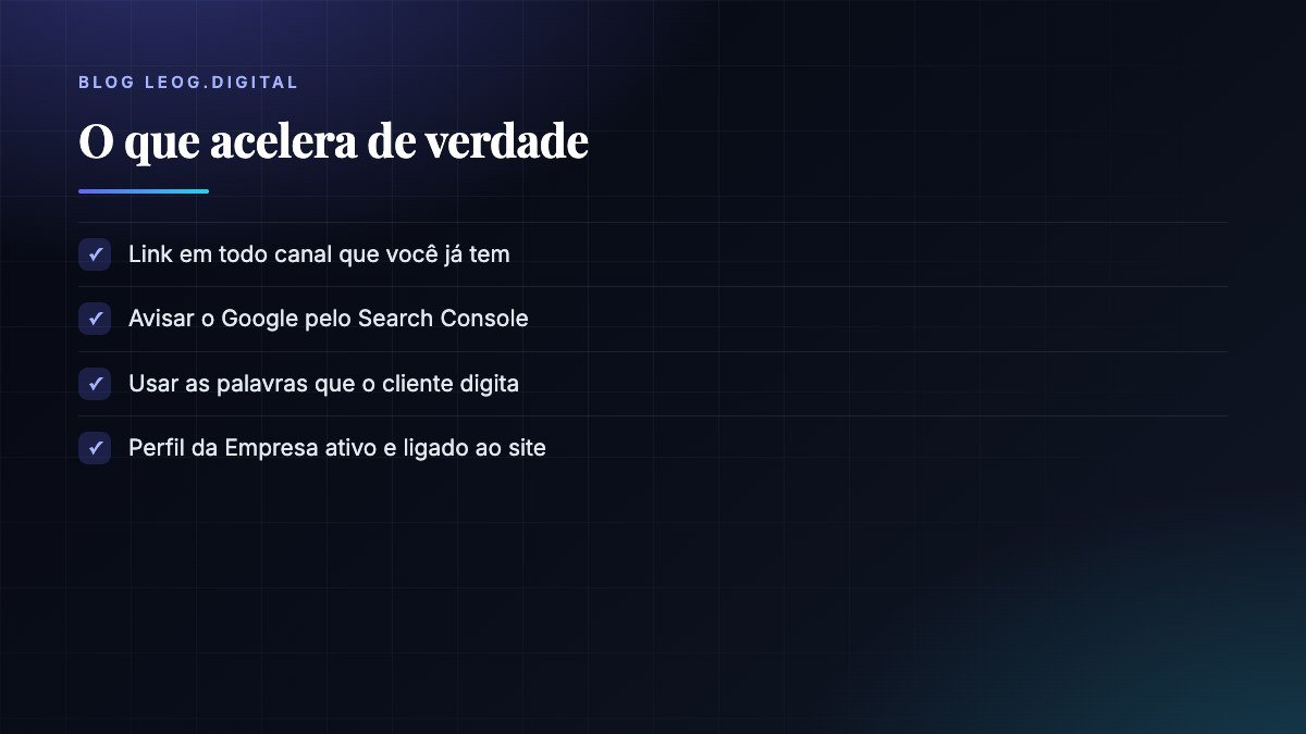 Lista com quatro ações que aceleram a primeira visita: link em todos os canais, Search Console, palavras do cliente e Perfil da Empresa