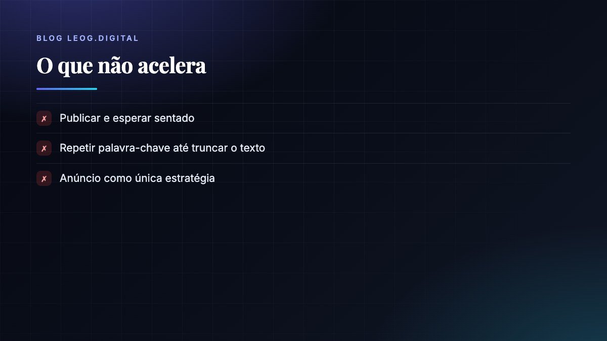 Lista do que não acelera: publicar e esperar, repetir palavra-chave e depender só de anúncio